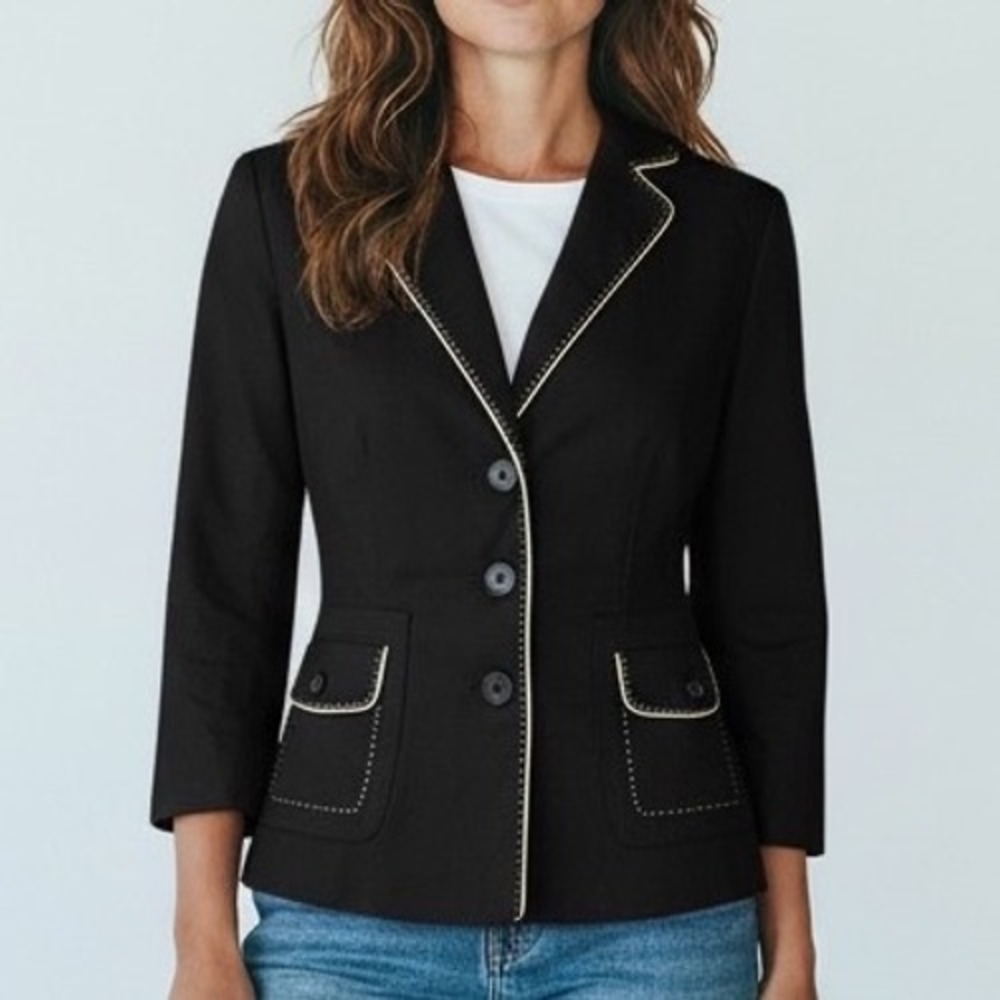 ANN TAYLOR Black Blazer with White Contrast Stitching‎ 3 Button Jacket Size 2